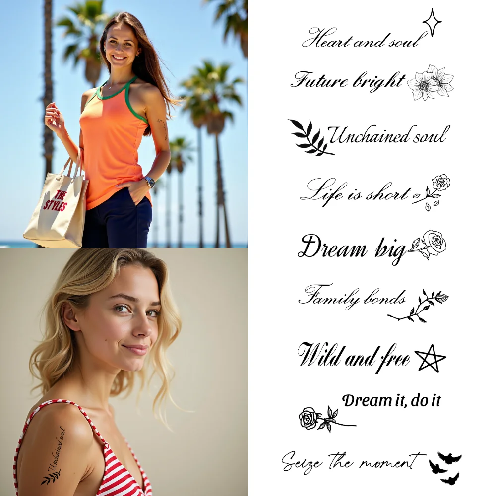 18pcs Temporary Tattoo Dream Big Letter Future Bright Life Is Short Waterproof Long-lasting Body Stickers Fearless Heart
18pcs Temporary Tattoo Dream Big Letter Future Bright Life Is Short Waterproof Long-lasting Body Stickers Fearless Heart