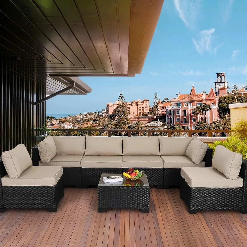 Garden Sofa, 7 Piece Outdoor PE Wicker Furniture Set, Patio Black Rattan Sectional Sofa, Khaki Outdoor Furniture Garden Sofas
Garden Sofa, 7 Piece Outdoor PE Wicker Furniture Set, Patio Black Rattan Sectional Sofa, Khaki Outdoor Furniture Garden Sofas