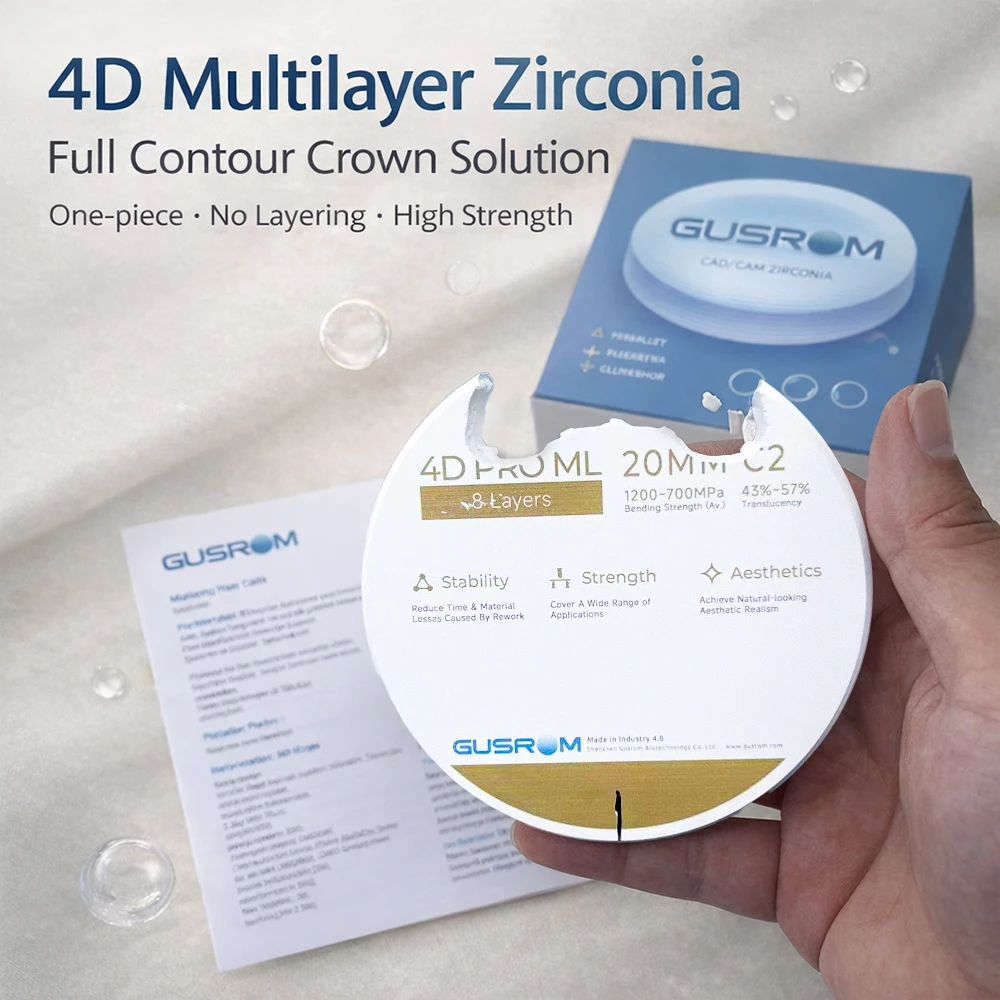 Многослойный циркониевый блок GUSROM 4D, 98 мм, 8 слоев, полноконтурный, для зуботехнических работ, высокая прозрачность, CAD/CAM, для коронок и мостовидных протезов
Многослойный циркониевый блок GUSROM 4D, 98 мм, 8 слоев, полноконтурный, для зуботехнических работ, высокая прозрачность, CAD/CAM, для коронок и мостовидных протезов