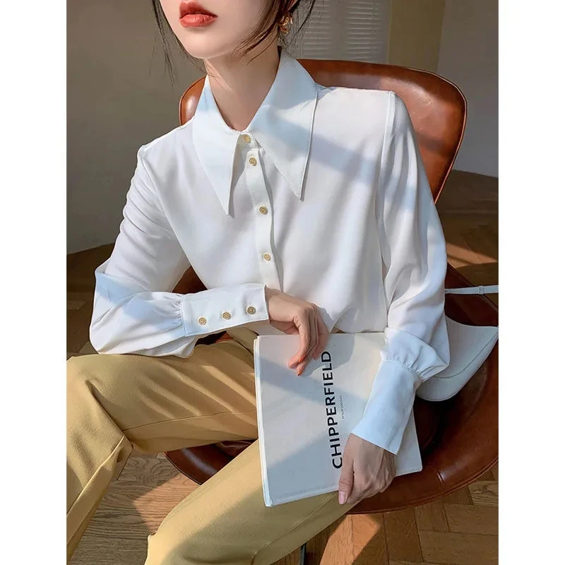 Retro Long Sleeve Pointed Collar Women's Shirt White Top Fashion Design Korean Style Loose Fit Polyester Fiber Casual Shirt
Retro Long Sleeve Pointed Collar Women's Shirt White Top Fashion Design Korean Style Loose Fit Polyester Fiber Casual Shirt