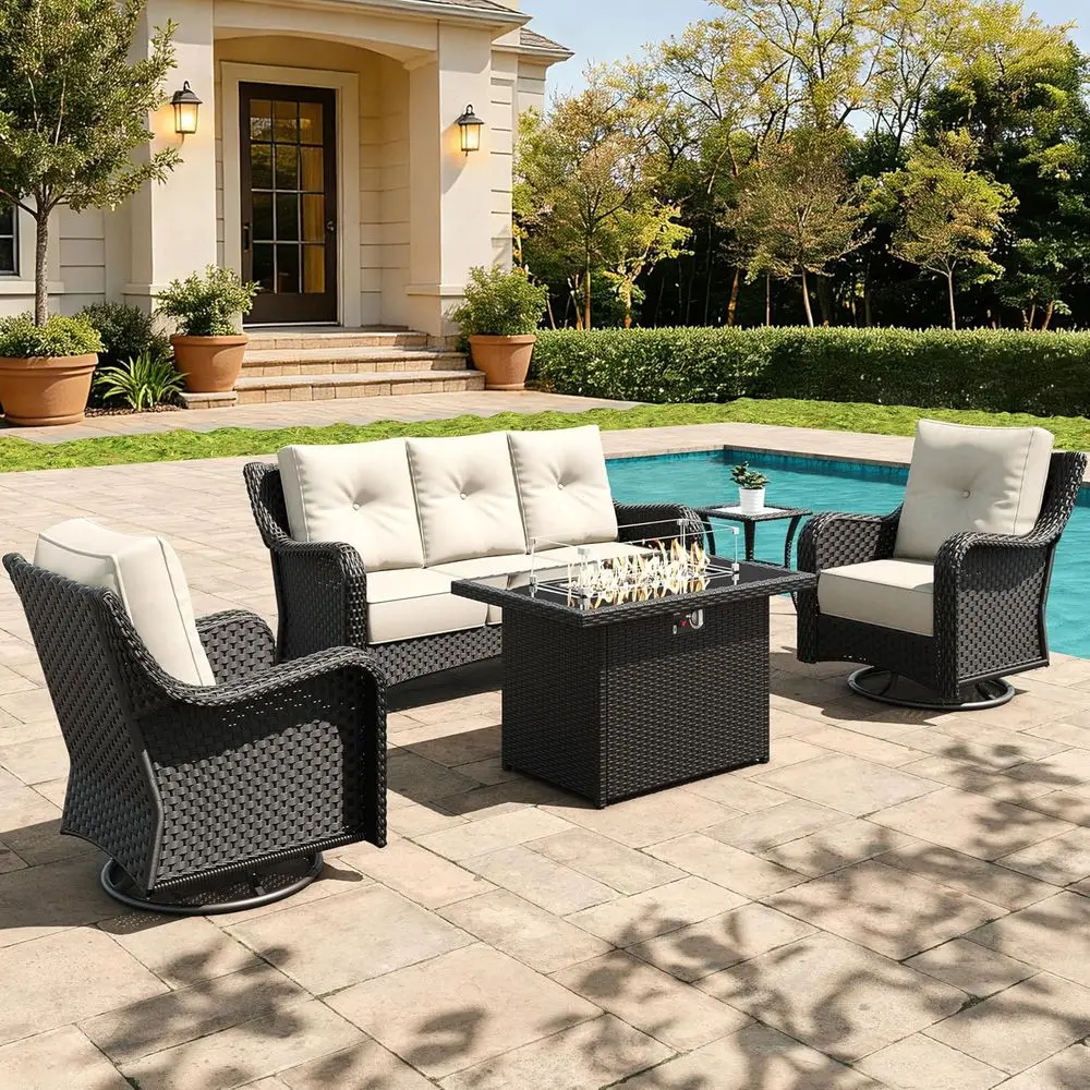 5 Pieces Outdoor urniture Set with 6-inch Cushions, High Back Wicker Swivel Rocker Chairs with ire Pit Table, Luxury Contion Set
5 Pieces Outdoor urniture Set with 6-inch Cushions, High Back Wicker Swivel Rocker Chairs with ire Pit Table, Luxury Contion Set