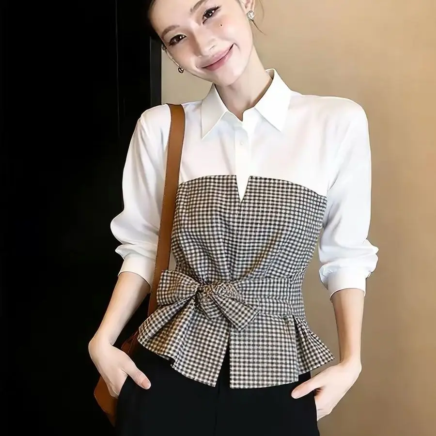 Spring Korean Style Bow Plaid Patchwork Shirt 2026 Autumn Female Fashion Design Slim-fit Blouses Office Lady Elegant Clothing
Spring Korean Style Bow Plaid Patchwork Shirt 2026 Autumn Female Fashion Design Slim-fit Blouses Office Lady Elegant Clothing