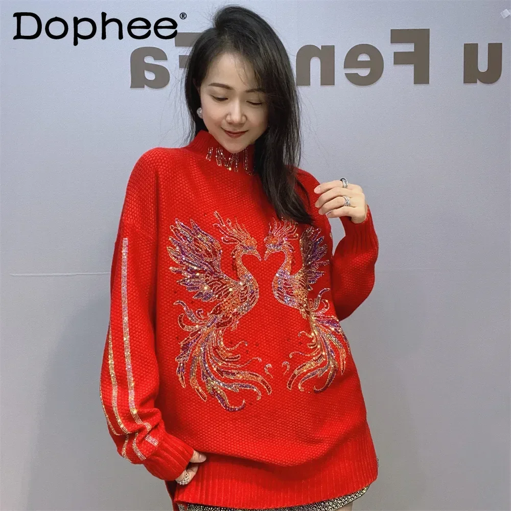 Red Semi-turtleneck Sweater Women's Long-sleeved Pullover Sweater Fashionable Loose Hot Diamond Black Knitted Sweater
Red Semi-turtleneck Sweater Women's Long-sleeved Pullover Sweater Fashionable Loose Hot Diamond Black Knitted Sweater