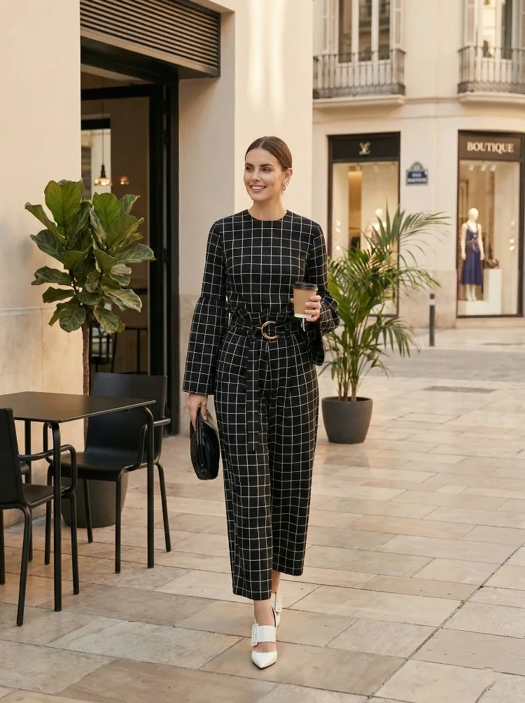 Yeezzi Women's Black White Grid Printed Casual 2 Piece Set Flared Sleeves Loose Tops & Belted High Waisted Wide Leg Pants Suits
Yeezzi Women's Black White Grid Printed Casual 2 Piece Set Flared Sleeves Loose Tops & Belted High Waisted Wide Leg Pants Suits