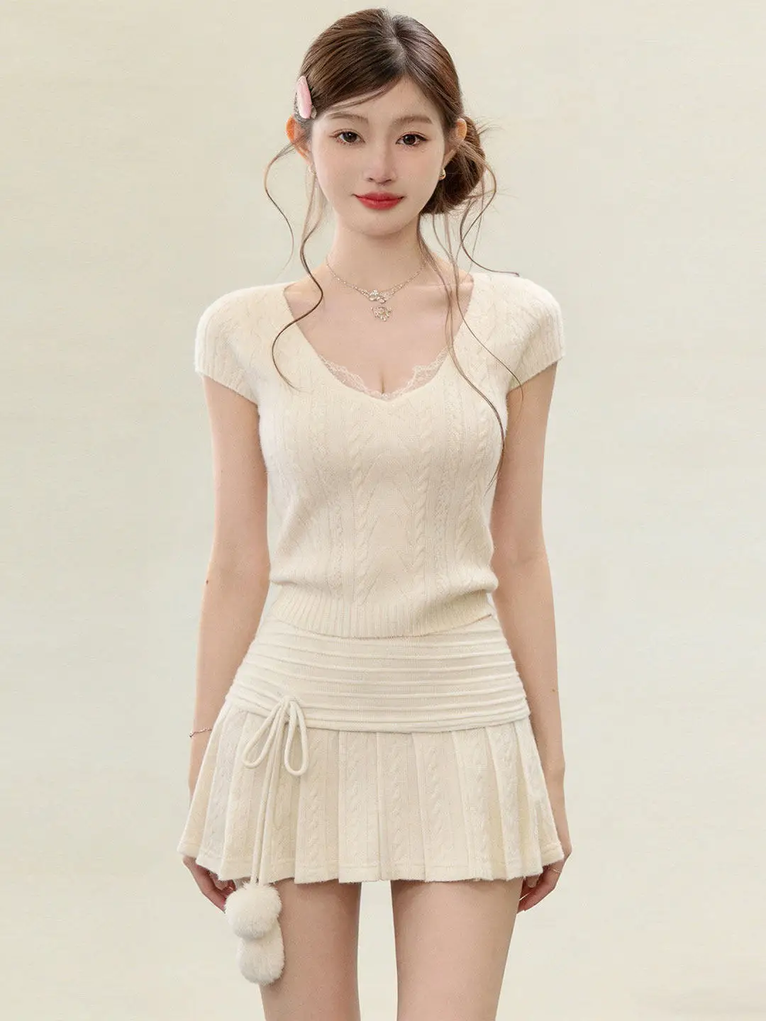 Sweet Style V-Neck Knitted Dress Short Sleeve Pleated Skirt Two-Piece Set Girl's Clothing Spring Season Polyester Fiber
Sweet Style V-Neck Knitted Dress Short Sleeve Pleated Skirt Two-Piece Set Girl's Clothing Spring Season Polyester Fiber
