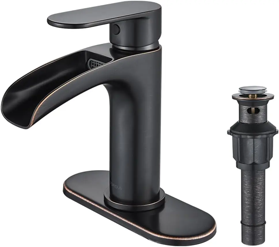 Oil Rubbed Bronze Waterfall Bathroom Faucet with Metal Pop-Up Drain, Single Handle for 1 or 3 Hole Installation
Oil Rubbed Bronze Waterfall Bathroom Faucet with Metal Pop-Up Drain, Single Handle for 1 or 3 Hole Installation