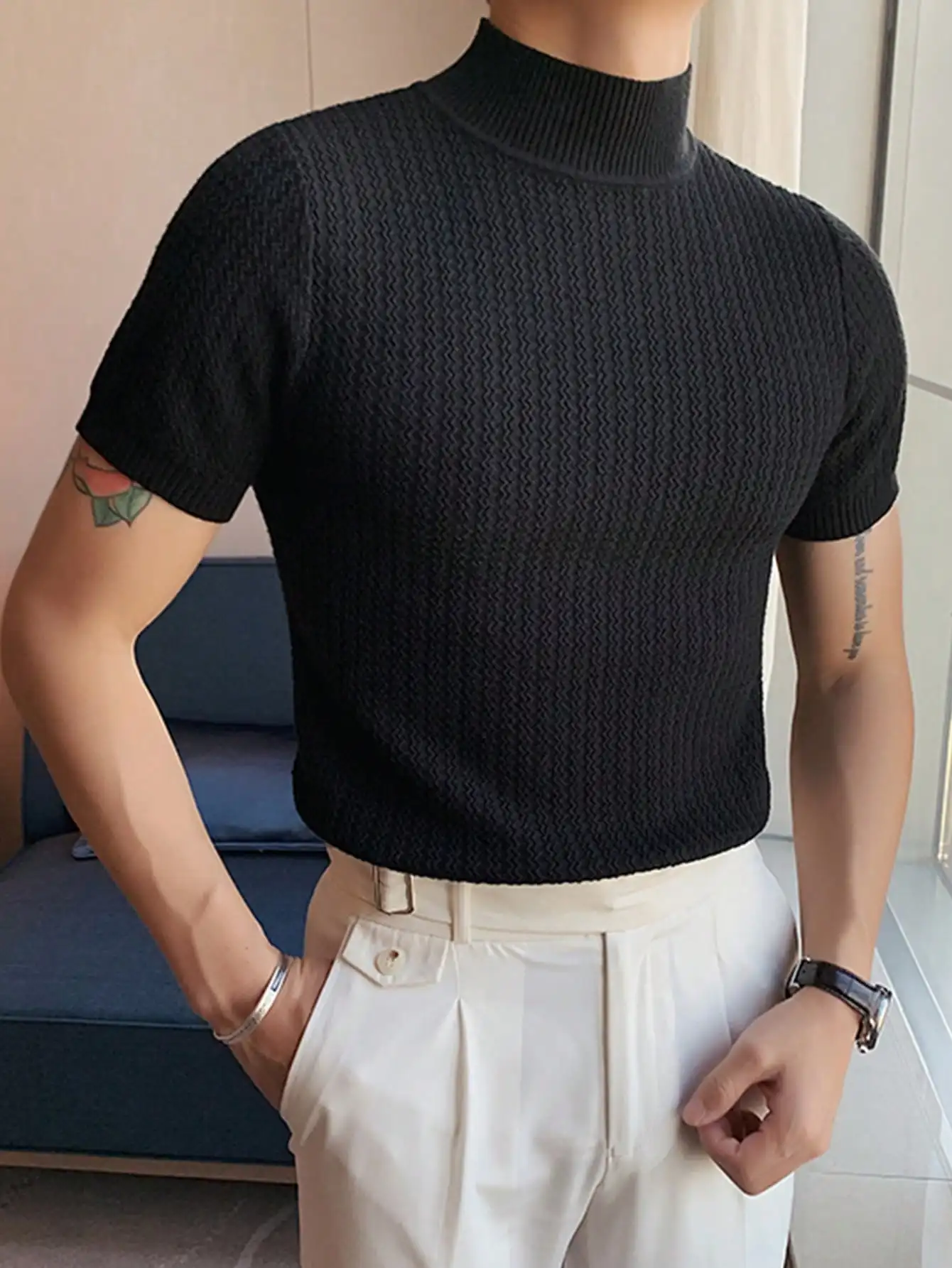 Men's Short Sleeve Mock Neck Knit Top, Slim Fit for Casual or Office Wear
Men's Short Sleeve Mock Neck Knit Top, Slim Fit for Casual or Office Wear