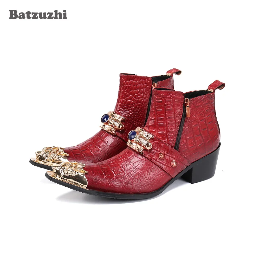 Batzuzhi 6.5cm High Heels Men's Boots Handmade Genuine Leather Ankle Boots Men with Golden Metal Toe for Business /Party Botas
Batzuzhi 6.5cm High Heels Men's Boots Handmade Genuine Leather Ankle Boots Men with Golden Metal Toe for Business /Party Botas