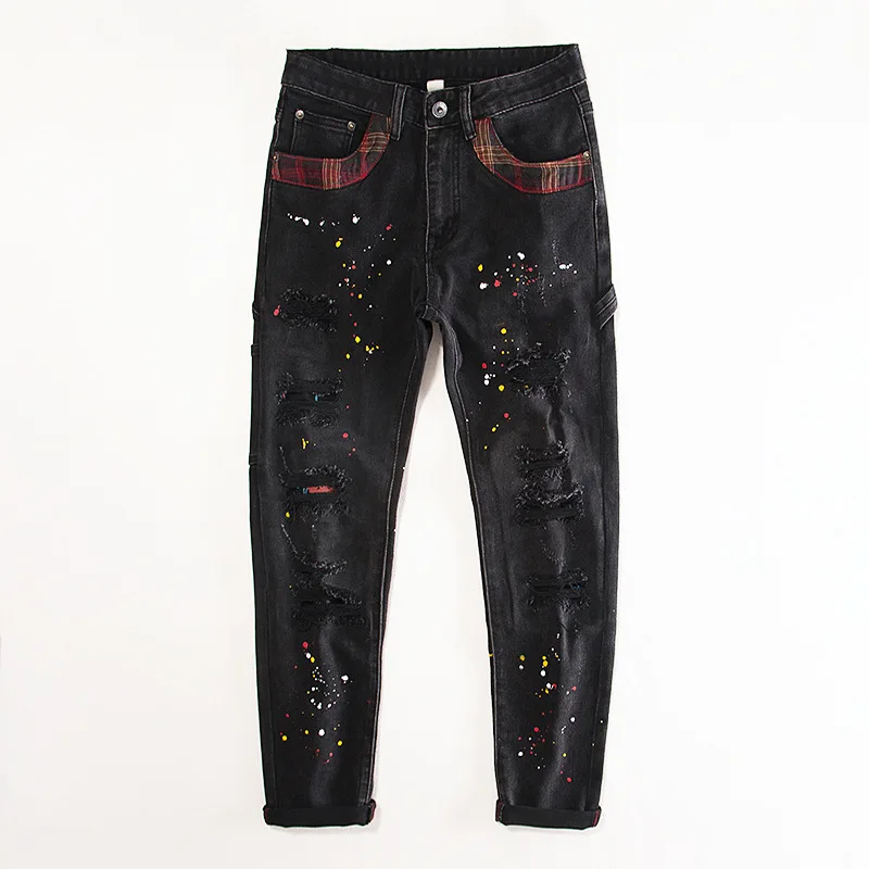 Broken hole patch, splashed ink black jeans, men's slim fit, small feet, elastic spray paint design, denim pants
Broken hole patch, splashed ink black jeans, men's slim fit, small feet, elastic spray paint design, denim pants