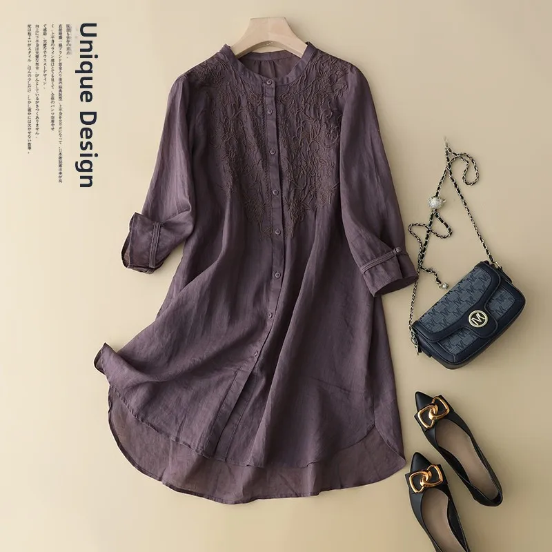 Loose Women's Shirt Lazy Style Large Size Spring Autumn New Mid-Length Embroidered Cotton Linen Shirt Jacket Top
Loose Women's Shirt Lazy Style Large Size Spring Autumn New Mid-Length Embroidered Cotton Linen Shirt Jacket Top