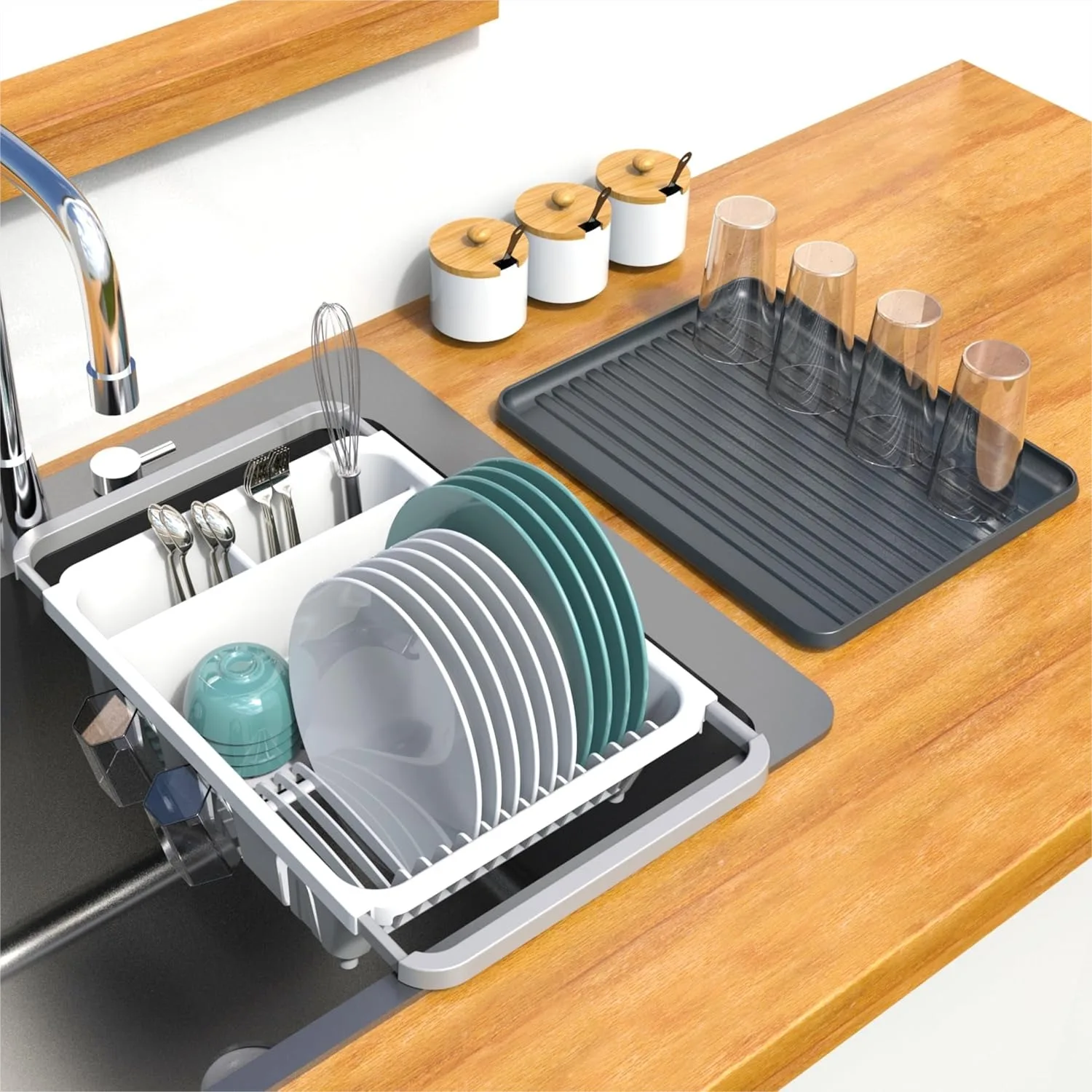 Expandable Dish Drying Rack Over The Sink With Drainboard, Cutlery Holders And Cup Holders For Kitchen Counter Cabinet Organization
Expandable Dish Drying Rack Over The Sink With Drainboard, Cutlery Holders And Cup Holders For Kitchen Counter Cabinet Organization