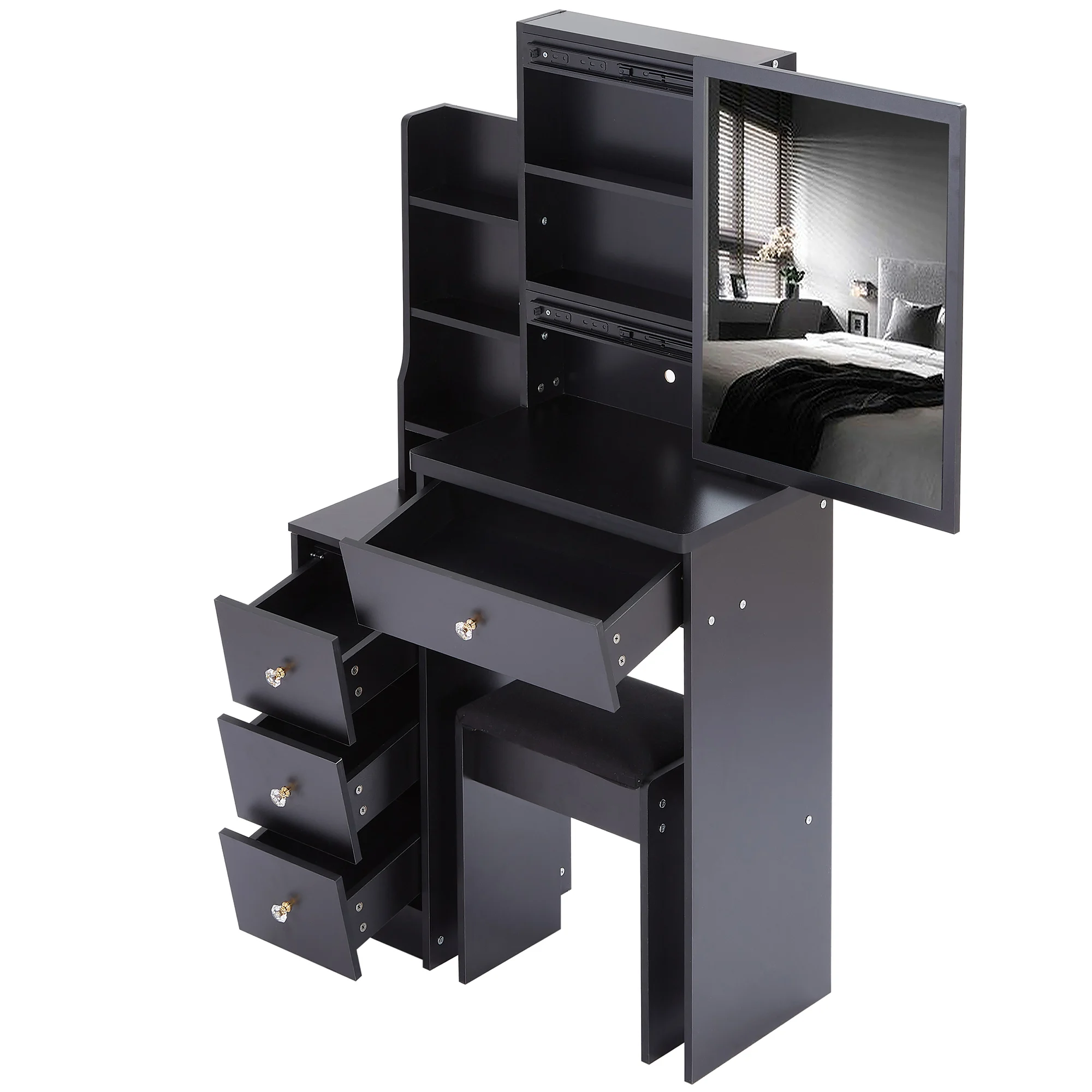 Small Size Left Bedside Cabinet Vanity Table Cushioned Stool Extra Large Sliding Mirror Multi Layer High Capacity Storage
Small Size Left Bedside Cabinet Vanity Table Cushioned Stool Extra Large Sliding Mirror Multi Layer High Capacity Storage