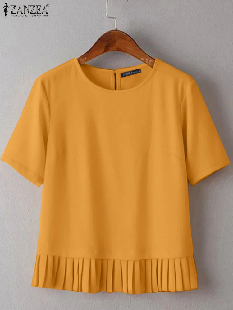 Summer Short Sleeve Blouses ZANZEA Women Solid Tunic Tops Fashion Casual Work Shirt Elegant O Neck Pleated Blusas Loose Chemise
Summer Short Sleeve Blouses ZANZEA Women Solid Tunic Tops Fashion Casual Work Shirt Elegant O Neck Pleated Blusas Loose Chemise