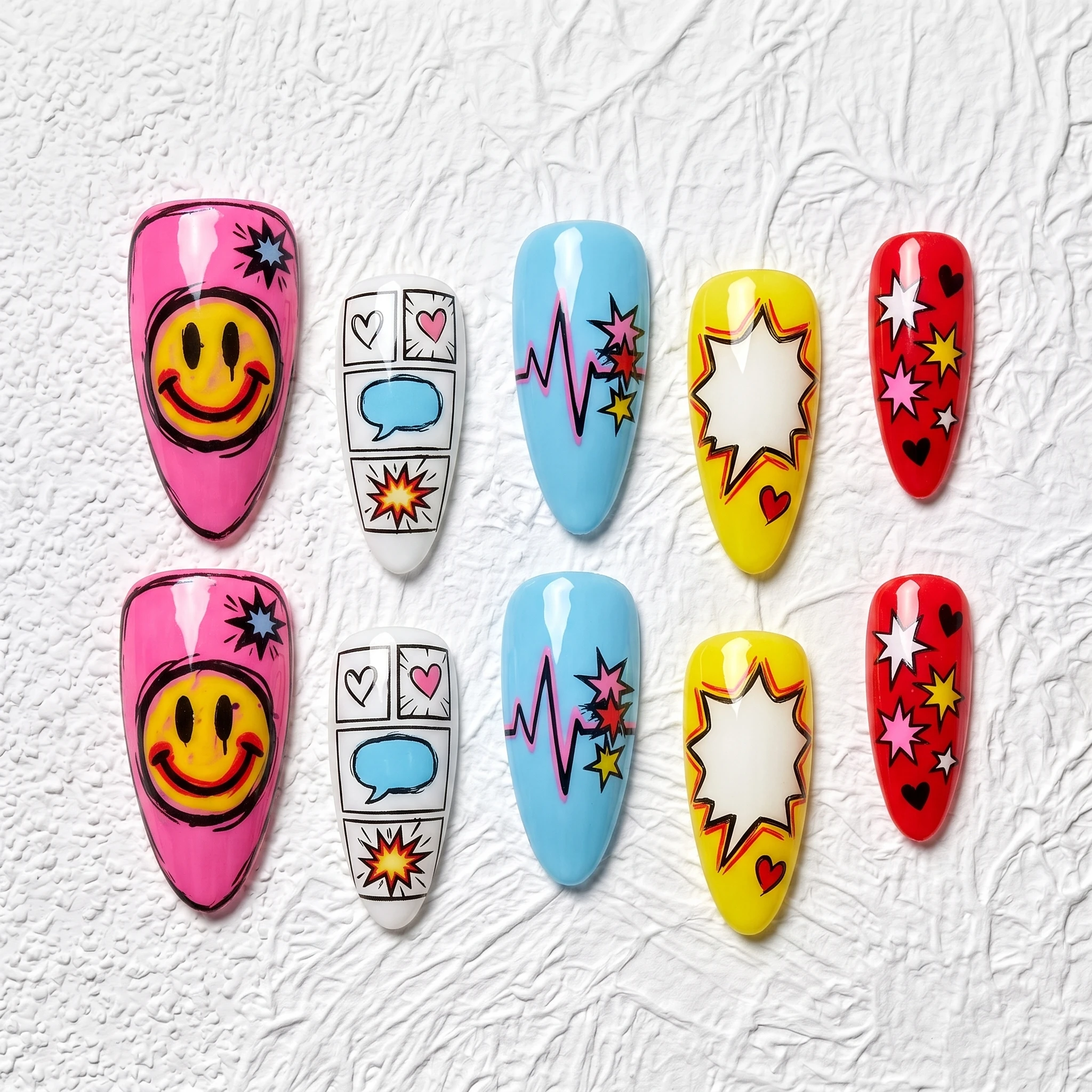 Artisan Handcrafted 10PCS Playful Comic Almond Press-On Nails | Smiley Hearts, Stars, Comics, Party Wear Salon Finish
Artisan Handcrafted 10PCS Playful Comic Almond Press-On Nails | Smiley Hearts, Stars, Comics, Party Wear Salon Finish
