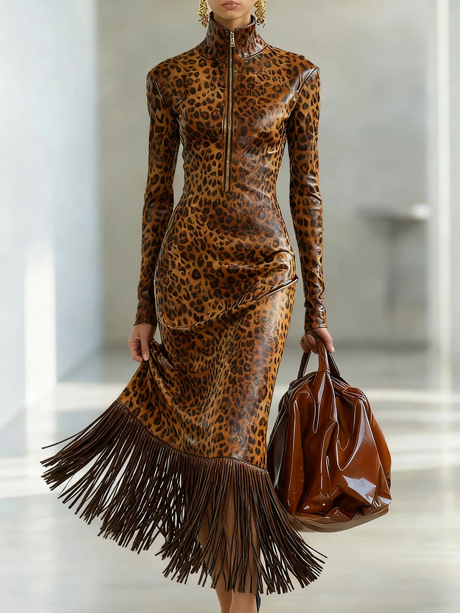 Leopard Print PU Leather Tassel Dresses for Women Long Sleeves High Neck Fringe Hem Zipper Long Dress Elegant Bodycon Dresses
Leopard Print PU Leather Tassel Dresses for Women Long Sleeves High Neck Fringe Hem Zipper Long Dress Elegant Bodycon Dresses