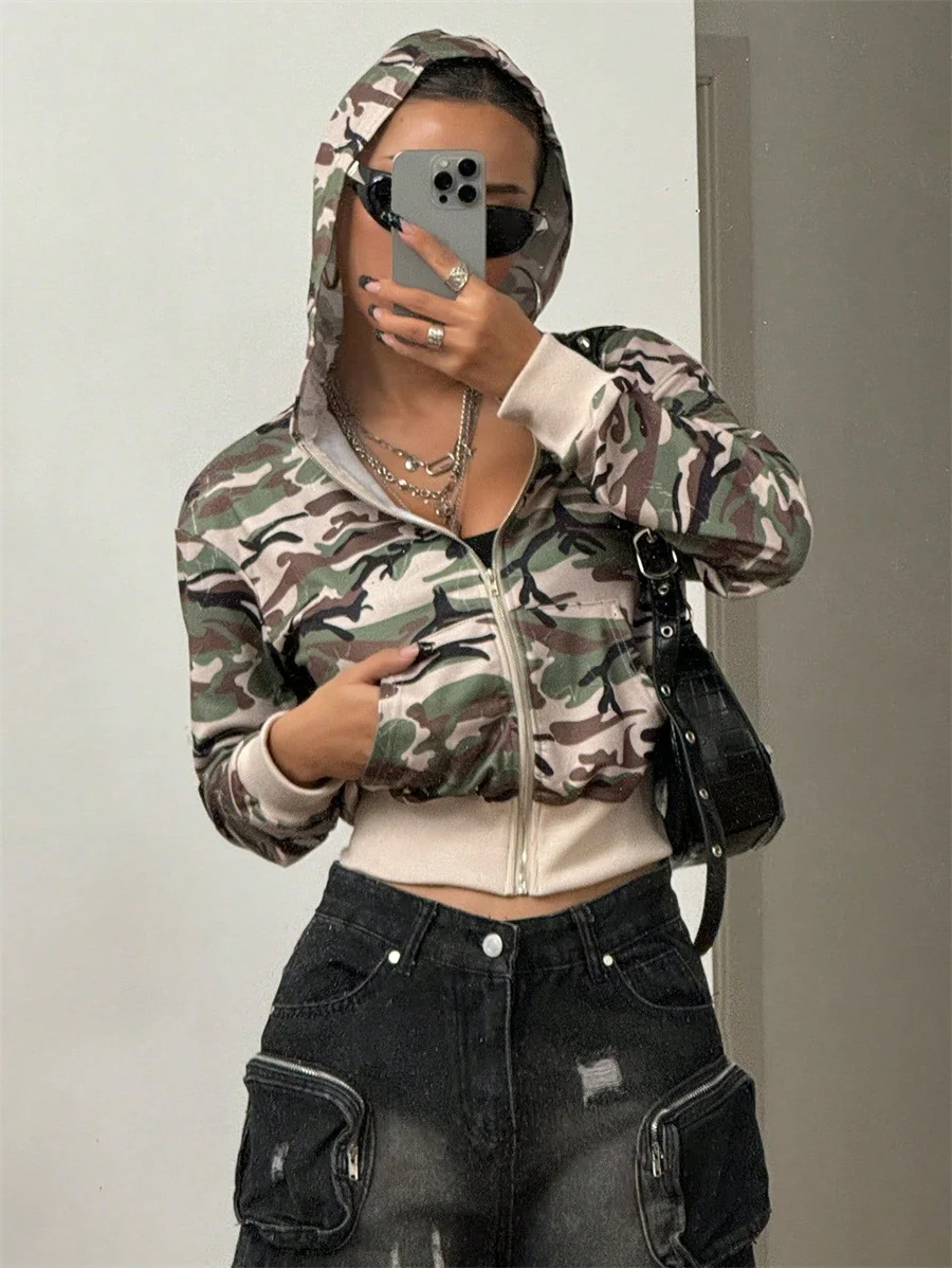 Benuynffy Camouflage Print Crop Jacket Women's Spring Fall Y2k Pockets Casual Long-sleeved Hooded Zip Up Coat Female Streetwear
Benuynffy Camouflage Print Crop Jacket Women's Spring Fall Y2k Pockets Casual Long-sleeved Hooded Zip Up Coat Female Streetwear