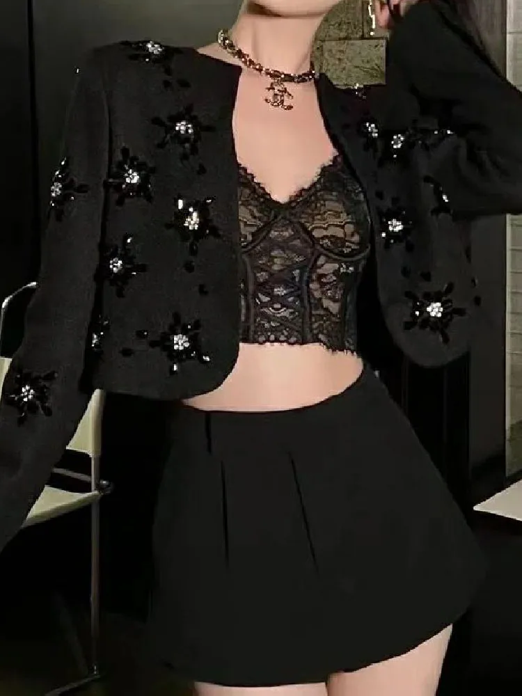 Women Autumn Winter Rhinestone Beadings Coat Long Sleeve Short Slim Ladies Office Work Banquet Jacket Black White
Women Autumn Winter Rhinestone Beadings Coat Long Sleeve Short Slim Ladies Office Work Banquet Jacket Black White