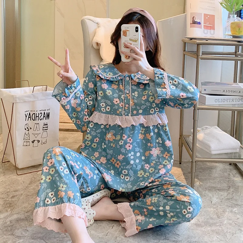 Autumn Pure Cotton Sweet Broken Flower Pajamas for Women Lace Princess Long Sleeve Home Clothes Loose Comfortable Pijama Mujer
Autumn Pure Cotton Sweet Broken Flower Pajamas for Women Lace Princess Long Sleeve Home Clothes Loose Comfortable Pijama Mujer