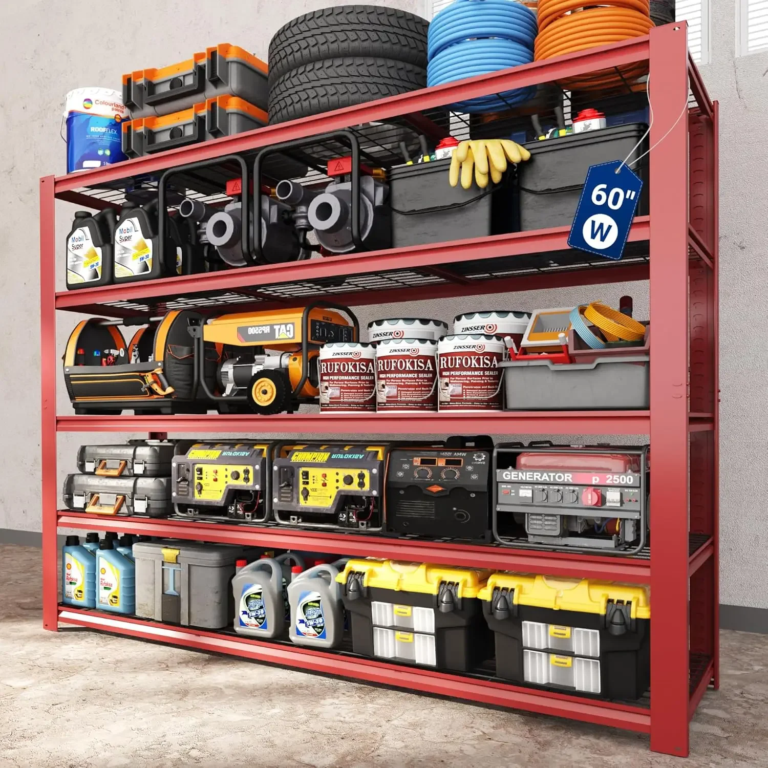 60" W Garage Shelving, 5 Tier Storage Shelves Load 1500LBS, Adjustable Garage Shelving Heavy Duty, Metal Shelves Unit for Baseme
60" W Garage Shelving, 5 Tier Storage Shelves Load 1500LBS, Adjustable Garage Shelving Heavy Duty, Metal Shelves Unit for Baseme
