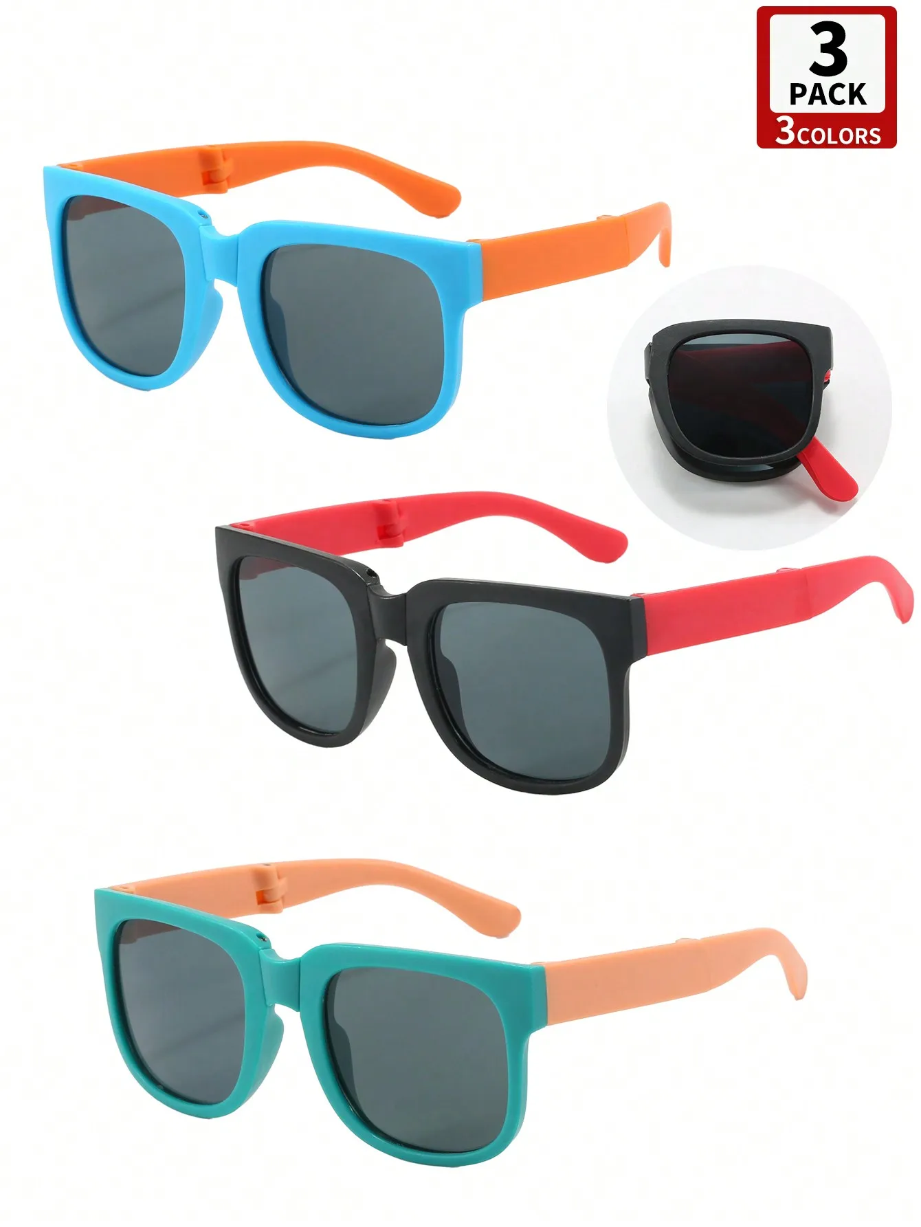 3-Pack Foldable Square Sunglasses for Kids - Blue/Black/Teal with Orange & Red Temples
3-Pack Foldable Square Sunglasses for Kids - Blue/Black/Teal with Orange & Red Temples