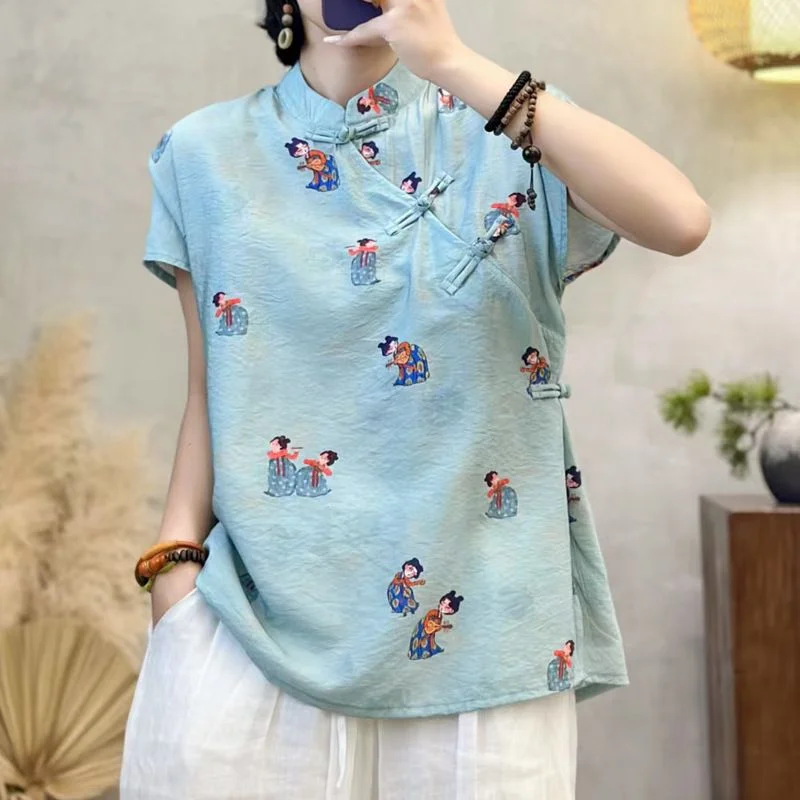 Women's Retro Chinese Style Cheongsam Top Linen Blend Cartoon Figure Print Frog Button Short Sleeve Blouse
Women's Retro Chinese Style Cheongsam Top Linen Blend Cartoon Figure Print Frog Button Short Sleeve Blouse