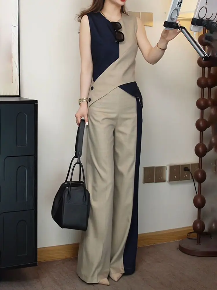 New High End Luxury Fashion Summer Women's Two Piece Set Slim Patchwork Contrast Color Sleeveless Vest Top + Wide Leg Pants Sets
New High End Luxury Fashion Summer Women's Two Piece Set Slim Patchwork Contrast Color Sleeveless Vest Top + Wide Leg Pants Sets