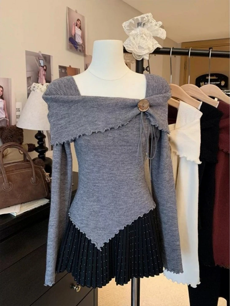 Gray Irregular One Shoulder Long Sleeve Knitted Sweater Women's Soft Slimming Base Layer Shirt Inner Wear Spring Commute Style
Gray Irregular One Shoulder Long Sleeve Knitted Sweater Women's Soft Slimming Base Layer Shirt Inner Wear Spring Commute Style
