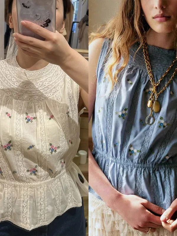 French Style Lace Embroidery Short Sleeveless Elastic Waist round Neck Flower Trim Vest Women's Summer Anti-Aging Cotton Blouse
French Style Lace Embroidery Short Sleeveless Elastic Waist round Neck Flower Trim Vest Women's Summer Anti-Aging Cotton Blouse