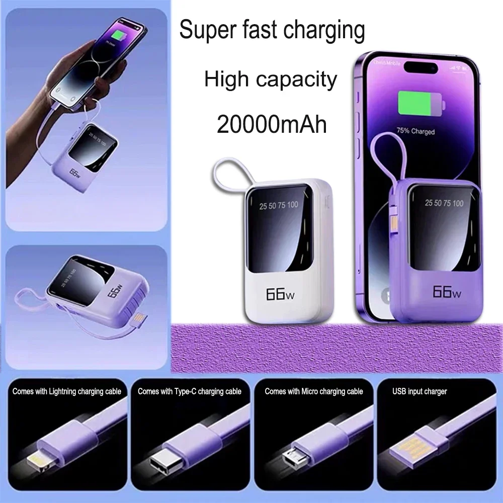 66W Mobile Phone Power Bank 20000mAh With Built-in Cable, Compact, Portable, Mini, Super Fast Charging, Mobile Power Supply
66W Mobile Phone Power Bank 20000mAh With Built-in Cable, Compact, Portable, Mini, Super Fast Charging, Mobile Power Supply