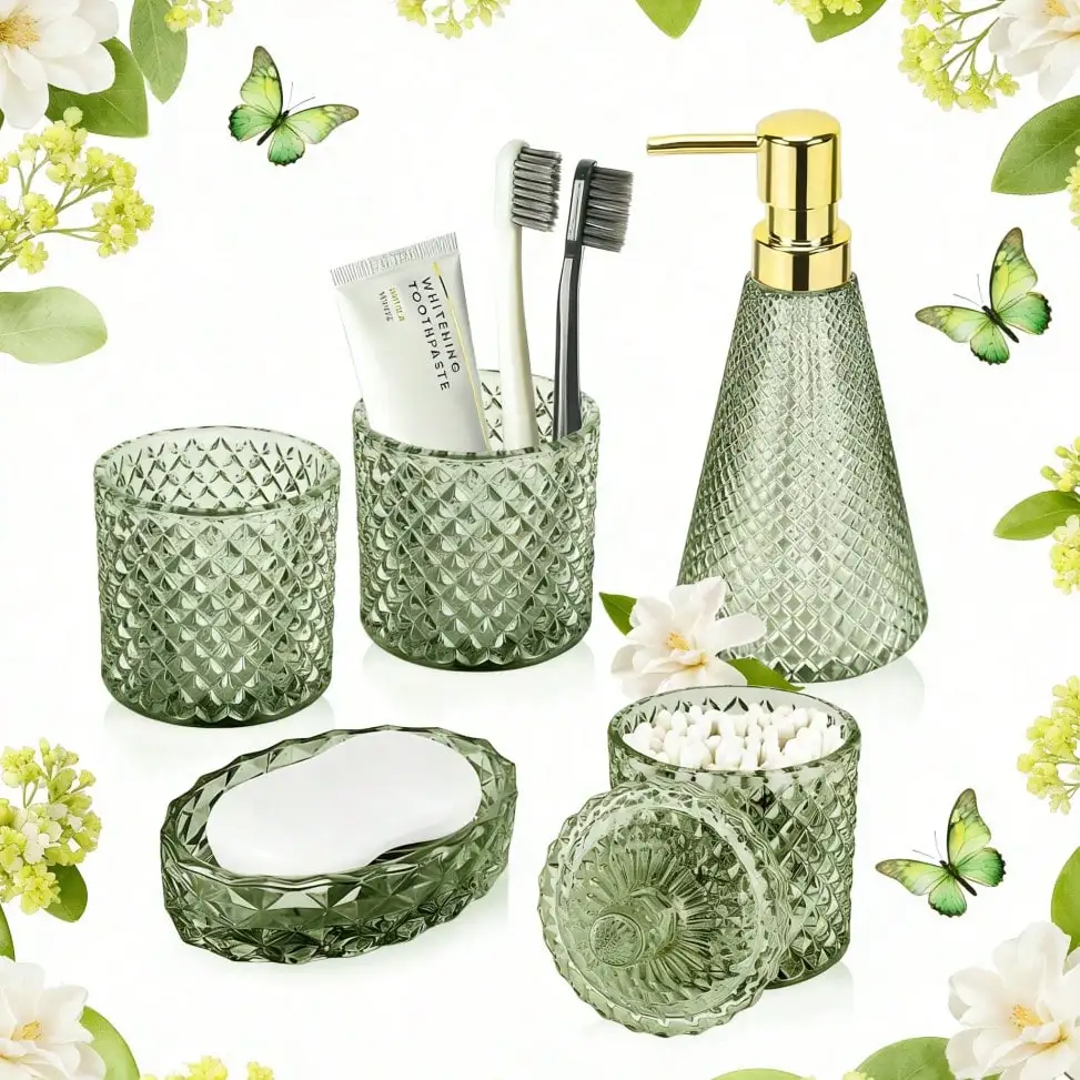 5-Piece Blue Diamond-Cut Glass Bathroom Accessories Set, Rust-Proof Toothbrush Holder, Soap Dispenser, Tumbler & Cotton Jar
5-Piece Blue Diamond-Cut Glass Bathroom Accessories Set, Rust-Proof Toothbrush Holder, Soap Dispenser, Tumbler & Cotton Jar
