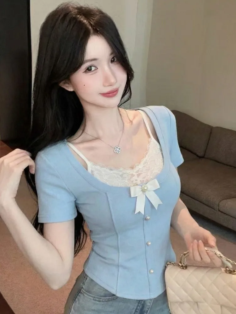 Slim Fit Short Sleeve T-Shirt Women Summer Knot Waist Cinching Halter Top Lace Trim Style Spicy Girl Fashion
Slim Fit Short Sleeve T-Shirt Women Summer Knot Waist Cinching Halter Top Lace Trim Style Spicy Girl Fashion