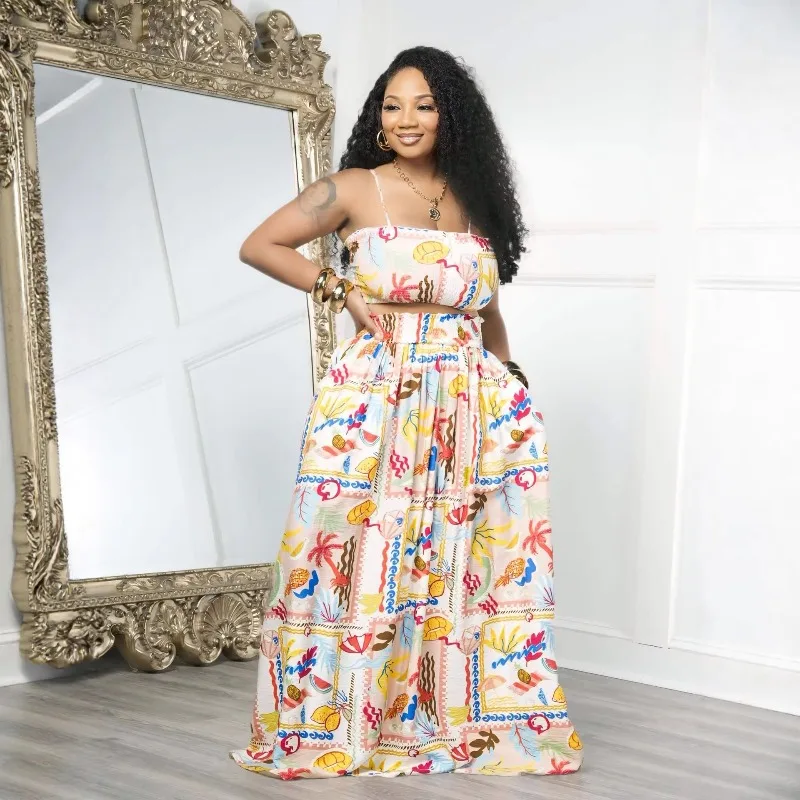 Vacation Beach Summer Printed 2 Piece Set Women Shirring Camis Crop Tops + A-line Maxi Skirts Fashion Casual Dress Suits
Vacation Beach Summer Printed 2 Piece Set Women Shirring Camis Crop Tops + A-line Maxi Skirts Fashion Casual Dress Suits