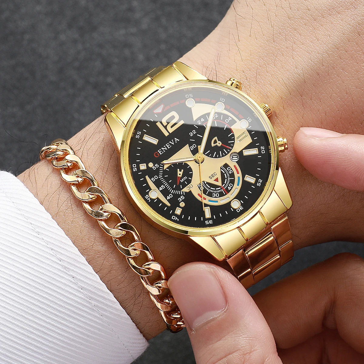 Men's Watch Fashion Digital Scale Calendar Dial Stylish Trendy Quartz Watch+Bracelet+Necklace+Ring (Box Not included)
Men's Watch Fashion Digital Scale Calendar Dial Stylish Trendy Quartz Watch+Bracelet+Necklace+Ring (Box Not included)