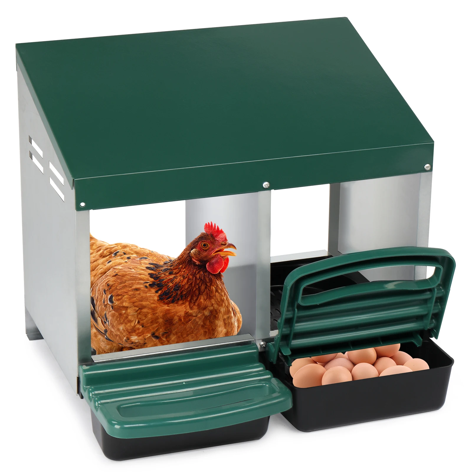 2 Compartment Roll Out Chicken Nesting Box with Plastic Basket, Egg Nest Box Chicken Laying Box Hens Chicken Coop Box, Green
2 Compartment Roll Out Chicken Nesting Box with Plastic Basket, Egg Nest Box Chicken Laying Box Hens Chicken Coop Box, Green