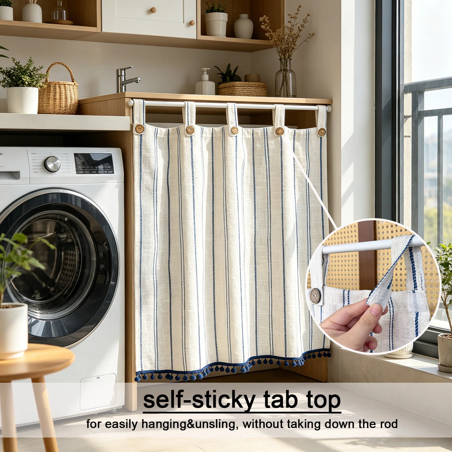 Self-adhesive Tab Top Oven Door Curtain, Faux Linen Striped Curtains with Wooden Button & Pompom Trim Window Valance for Kitchen
Self-adhesive Tab Top Oven Door Curtain, Faux Linen Striped Curtains with Wooden Button & Pompom Trim Window Valance for Kitchen