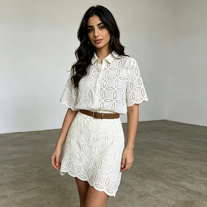 White Geometric Embroidery Hollow Out Short-sleeved Shirt Lace High Waist A-Line Mini Skirt 2pcs Commuting Office Streetwear
White Geometric Embroidery Hollow Out Short-sleeved Shirt Lace High Waist A-Line Mini Skirt 2pcs Commuting Office Streetwear