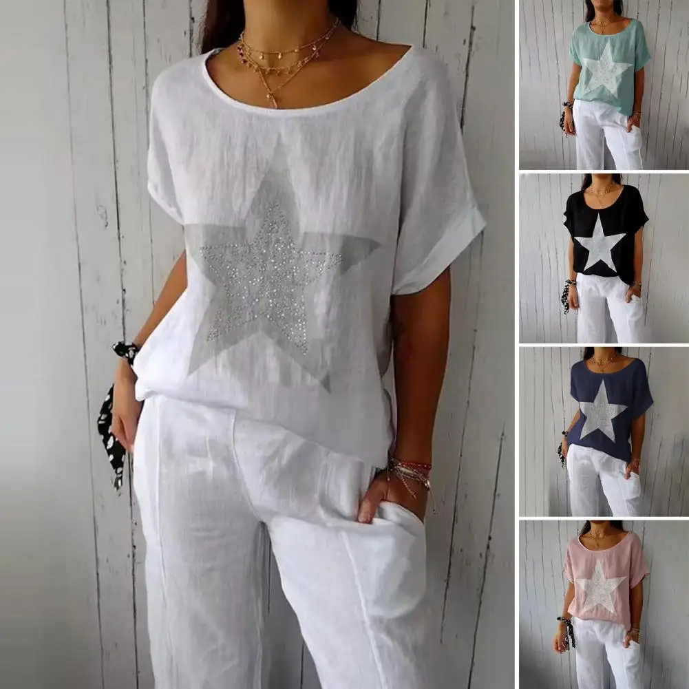 Women Short-Sleeved Round-Neck Linen Blend Top Summer Women Blouse with Hot Drill Star Print Casual Loose Fit Tee Shirt Blouse
Women Short-Sleeved Round-Neck Linen Blend Top Summer Women Blouse with Hot Drill Star Print Casual Loose Fit Tee Shirt Blouse