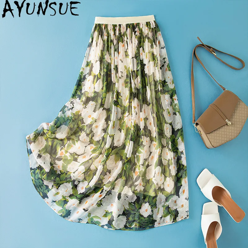 AYUNSUE 100% Silk Women's Skirts Retro Printed Skirts for Women Elastic Waist A-line Summer Skirt Elegant Woman Clothes 롱스커트
AYUNSUE 100% Silk Women's Skirts Retro Printed Skirts for Women Elastic Waist A-line Summer Skirt Elegant Woman Clothes 롱스커트