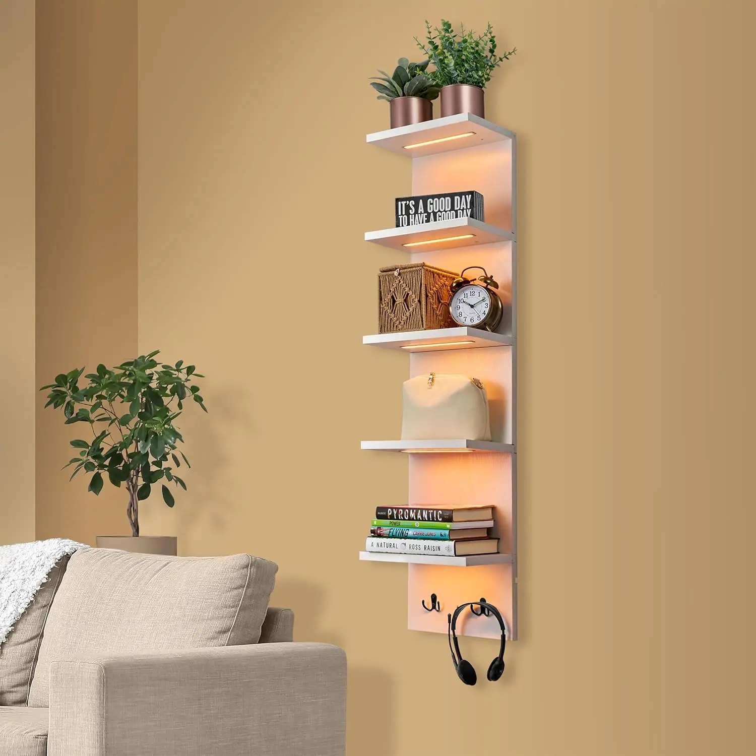 LED Light Display Shelf - Vertical 5 Tier Wall Shelf Unit with 2 Hooks, Column Utility Shelving for Home Decor
LED Light Display Shelf - Vertical 5 Tier Wall Shelf Unit with 2 Hooks, Column Utility Shelving for Home Decor