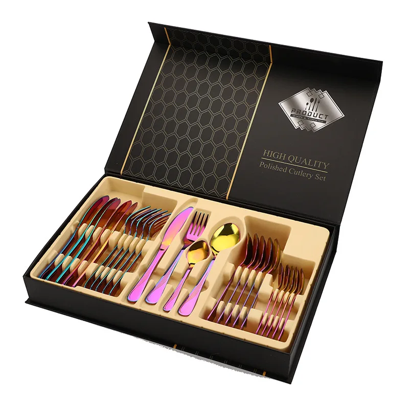 Stainless Steel Cutlery 24 PCS 1 Set Knife Fork Spoon Factory Direct Supply Gift Box Set Titanium Plated Cutlery Set with Box
Stainless Steel Cutlery 24 PCS 1 Set Knife Fork Spoon Factory Direct Supply Gift Box Set Titanium Plated Cutlery Set with Box