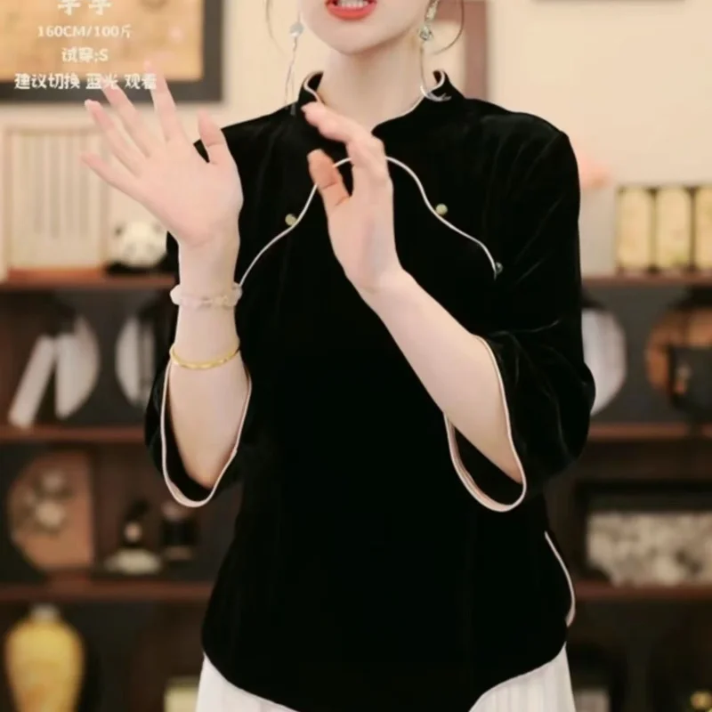 Black Shirt for Women Autumn Winter New Fashionable and Casual Chinese Style Stand-up Collar Velvet Top
Black Shirt for Women Autumn Winter New Fashionable and Casual Chinese Style Stand-up Collar Velvet Top