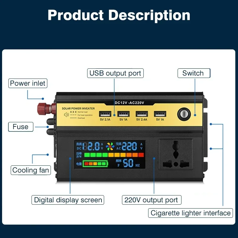 2200W Power Inverter USB Universal Socket Charge DC 12V 24V To AC 220V Transformer 50Hz LED Display Modified Sine Wave Inverter
2200W Power Inverter USB Universal Socket Charge DC 12V 24V To AC 220V Transformer 50Hz LED Display Modified Sine Wave Inverter
