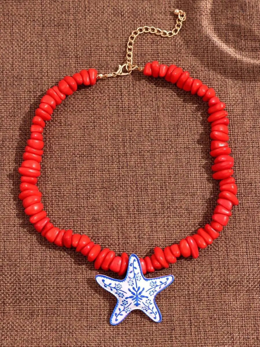 Red Beaded Pendant Necklace With Blue Starfish Charm Ocean Style For Women
Red Beaded Pendant Necklace With Blue Starfish Charm Ocean Style For Women