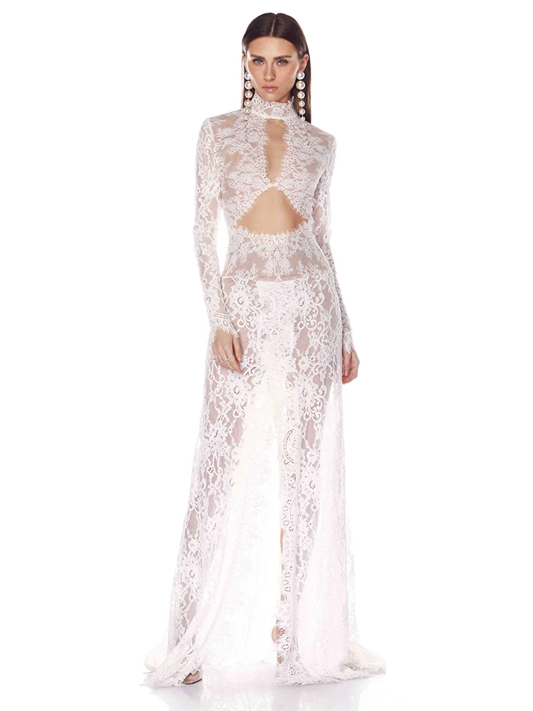 Elegant White Lace Cut-Out Long Sleeve Maxi Dress High-necked Celebrity Party Evening Special Celebrations Gown
Elegant White Lace Cut-Out Long Sleeve Maxi Dress High-necked Celebrity Party Evening Special Celebrations Gown
