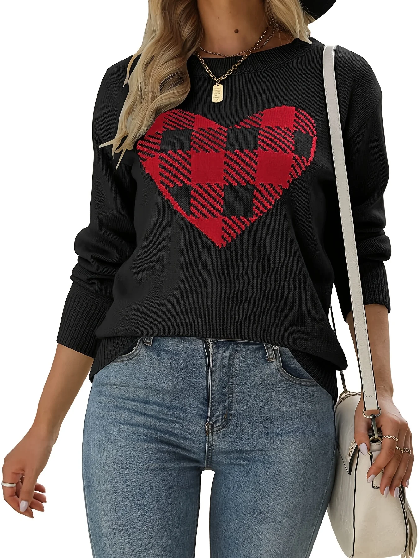 Women's Fashion Pullover Sweaters Long Sleeve Crewneck Cute Plaid Heart Knitted Sweater
Women's Fashion Pullover Sweaters Long Sleeve Crewneck Cute Plaid Heart Knitted Sweater