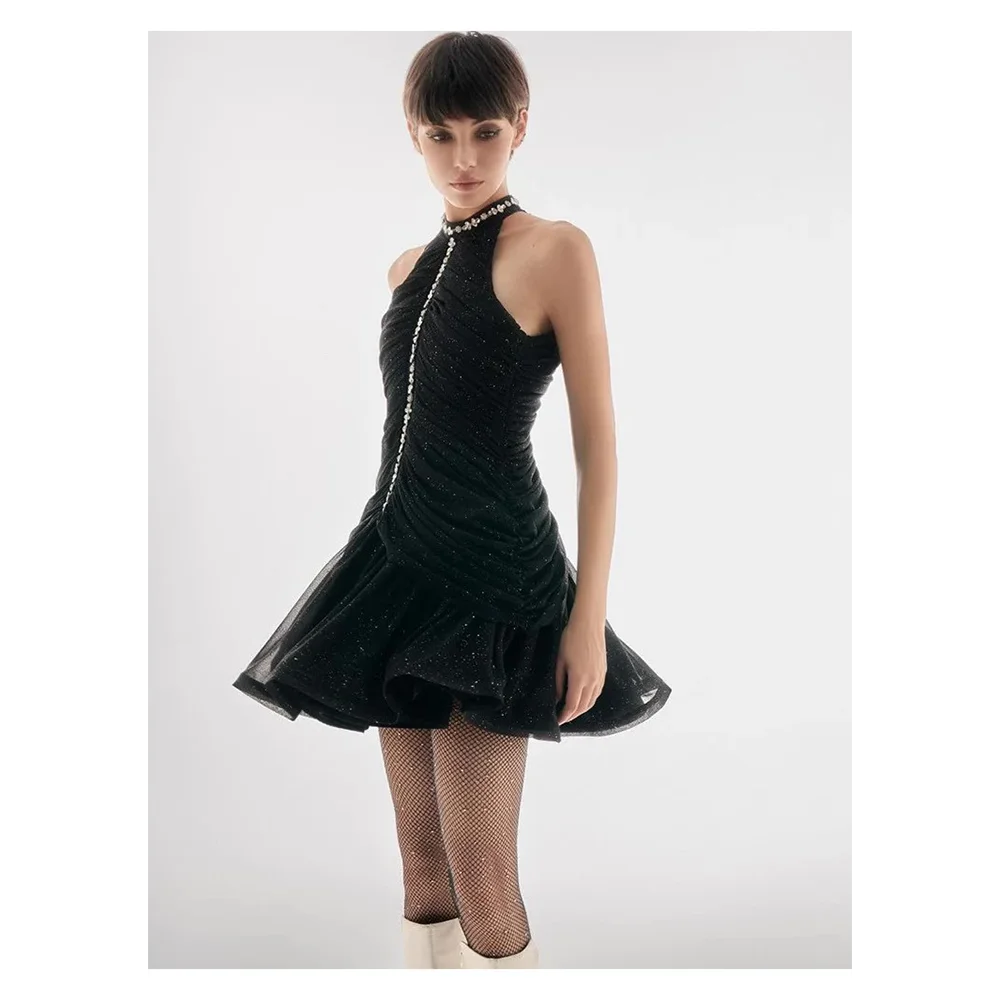 Sexy Women Stand Collar Off Shoulder Sleeveless Folds Short Dress Shiny Prom Party Mini Dress
Sexy Women Stand Collar Off Shoulder Sleeveless Folds Short Dress Shiny Prom Party Mini Dress
