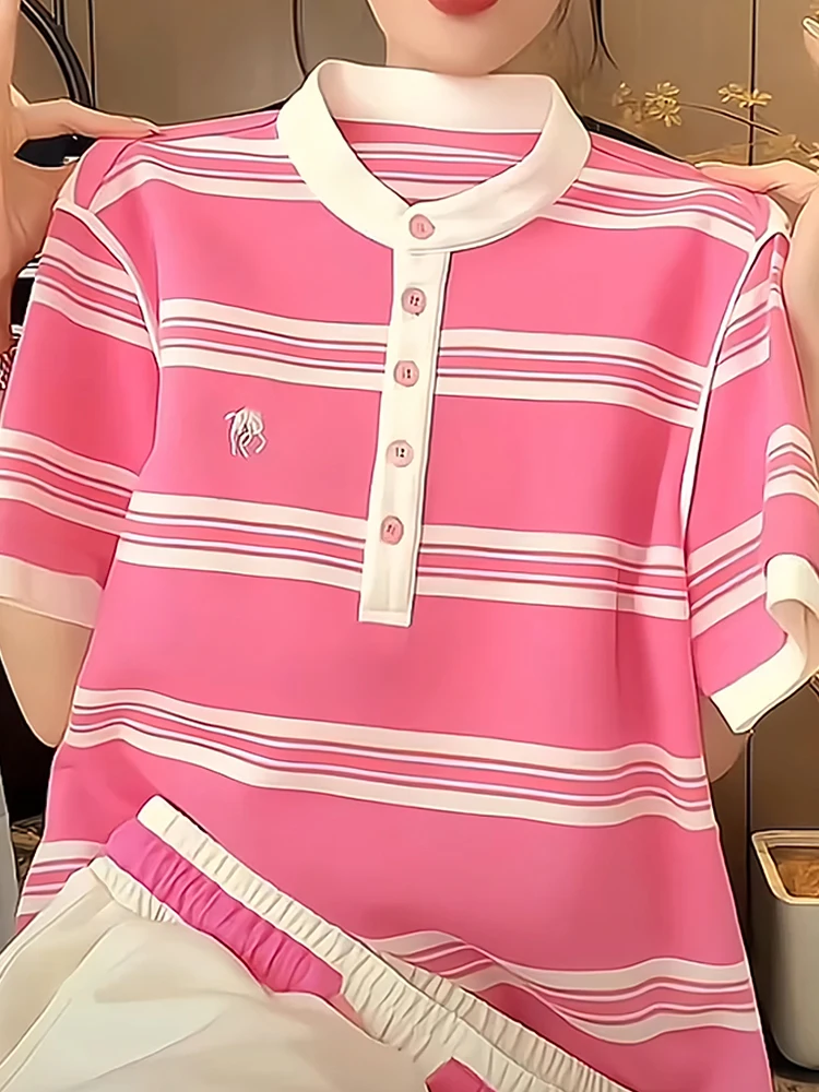 Pure Cotton Embroidered Half Open Collar Short Sleeve T-Shirt Women's Summer New Style Age Reduction Stripe High-End Feeling Top
Pure Cotton Embroidered Half Open Collar Short Sleeve T-Shirt Women's Summer New Style Age Reduction Stripe High-End Feeling Top