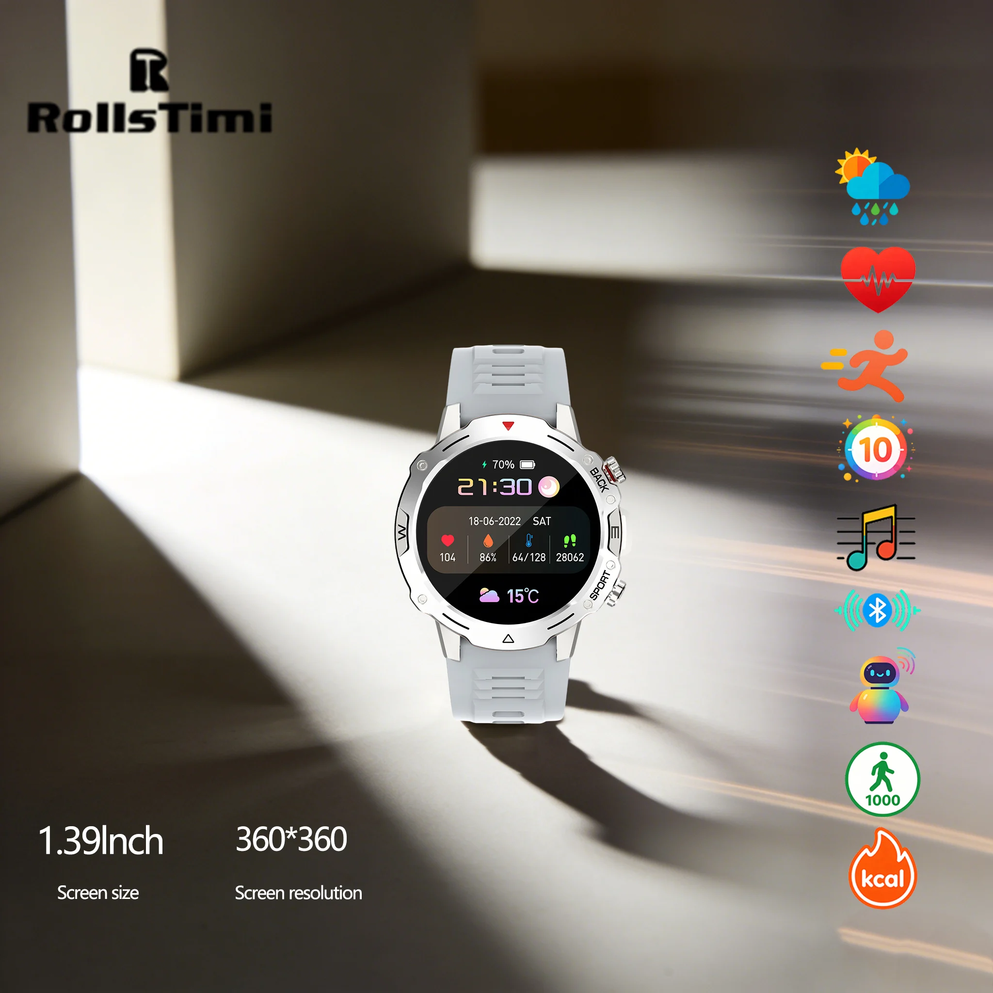 ROLLSTIMI Fashion Unisex SmartWatch Alarm Clock Weather/Heart Rate/Sleep Monitoring Bluetooth Call Game Music Sports SmartWatch
ROLLSTIMI Fashion Unisex SmartWatch Alarm Clock Weather/Heart Rate/Sleep Monitoring Bluetooth Call Game Music Sports SmartWatch