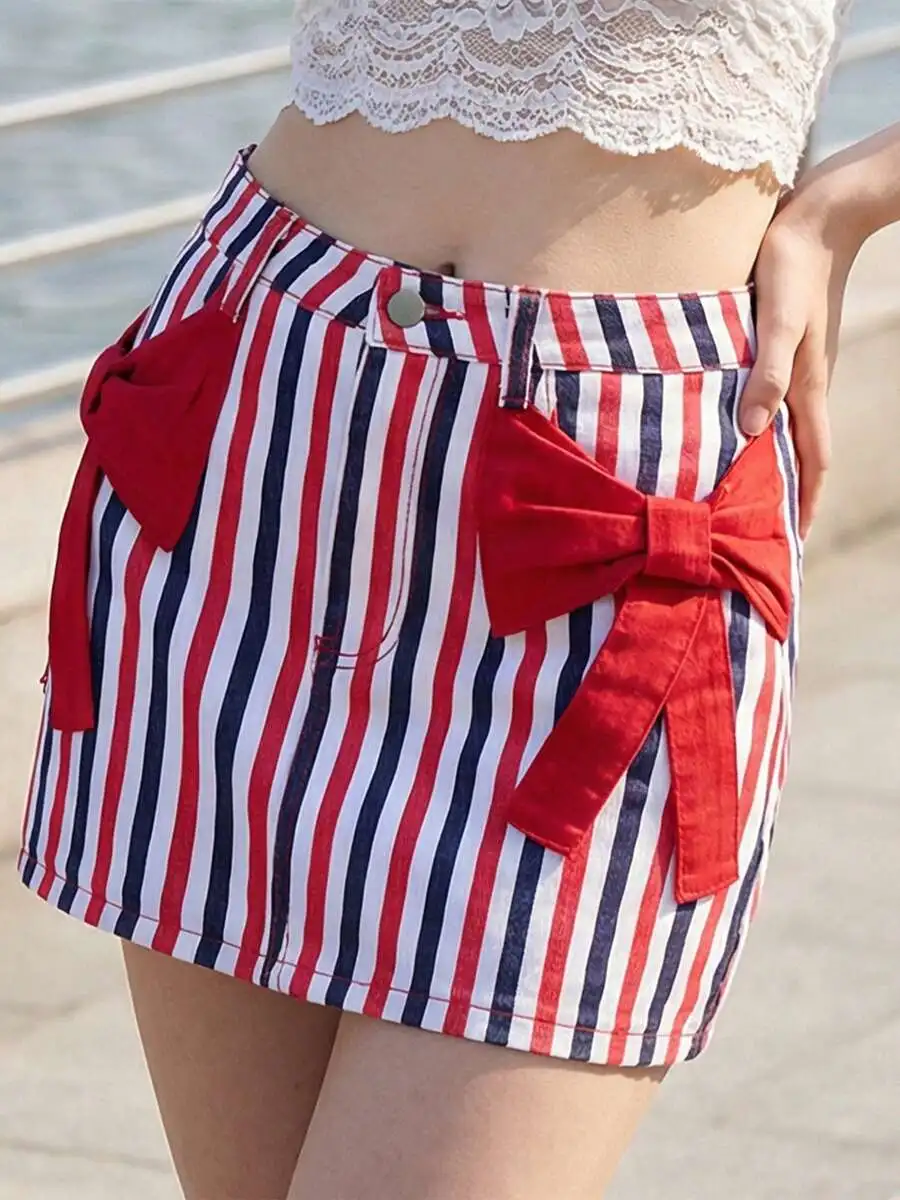Striped Denim Mini Skirt For Women With Red Bow Detail Summer Bodycon Style
Striped Denim Mini Skirt For Women With Red Bow Detail Summer Bodycon Style