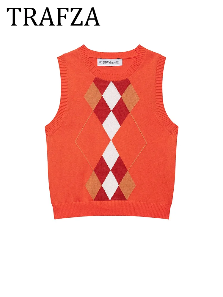 TRAFZA Orange Diamond Knit Vest Tops Woman 2025 Spring New Fashion O Neck Sleeveless Tank Tops Lady Elegant Fit Classic Vest
TRAFZA Orange Diamond Knit Vest Tops Woman 2025 Spring New Fashion O Neck Sleeveless Tank Tops Lady Elegant Fit Classic Vest